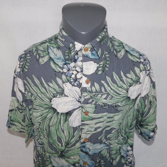 Vintage Silk Mens M Gray Green White Floral Hawaiian Silk Linen Blend Shirt - Picture 2 of 10